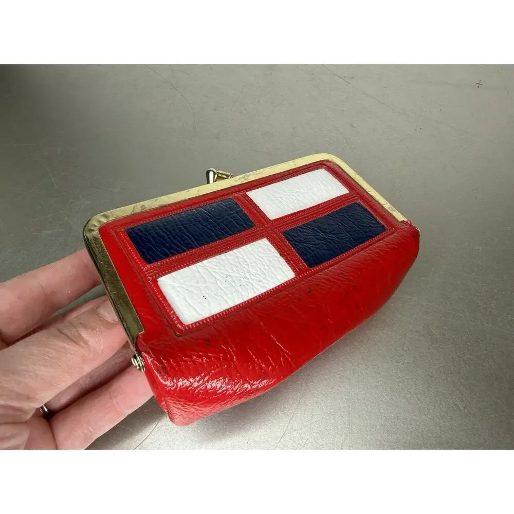 Vintage 1980s Kisslock & Mirror Coin Purse Cosmetic Pouch Red White Blue